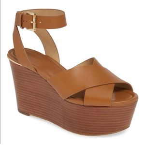 MICHAEL KORS ABBOTT WEDGE PLATFORM SANDAL TAN WITH ANKLE STRAP SIZE 8 WOMENS